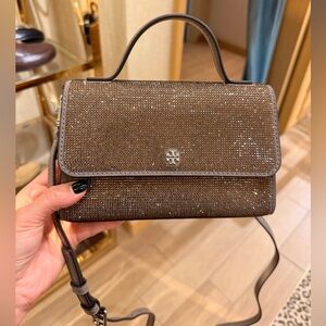 Tory Burch Emerson Crystal Embellished Mini Top Handle Bag Dark Clay $600